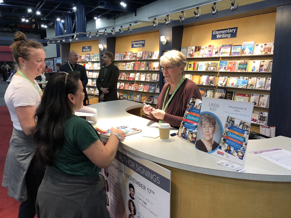 HeinemannPub's tweet photo. Author @LindaMRief is in our #NCTE18 booth signing copies of The #QuickwriteHandbook. 

Come visit us! https://t.co/Jd9l7dgch5