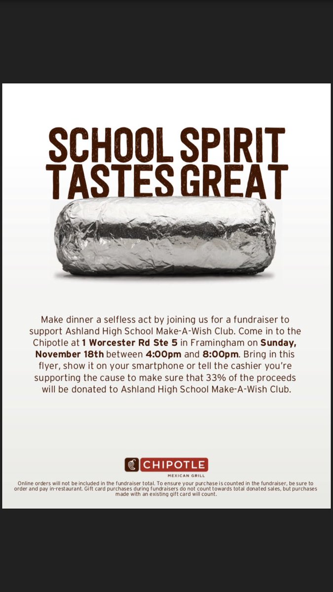 Kevin_rabidou's tweet photo. Come support AHS Make-A-Wish this Sunday from 4-8 at Chipotle in Framingham. Show this flyer and we will get some of the proceeds. Thanks for the support https://t.co/kyJp2qrMFK
