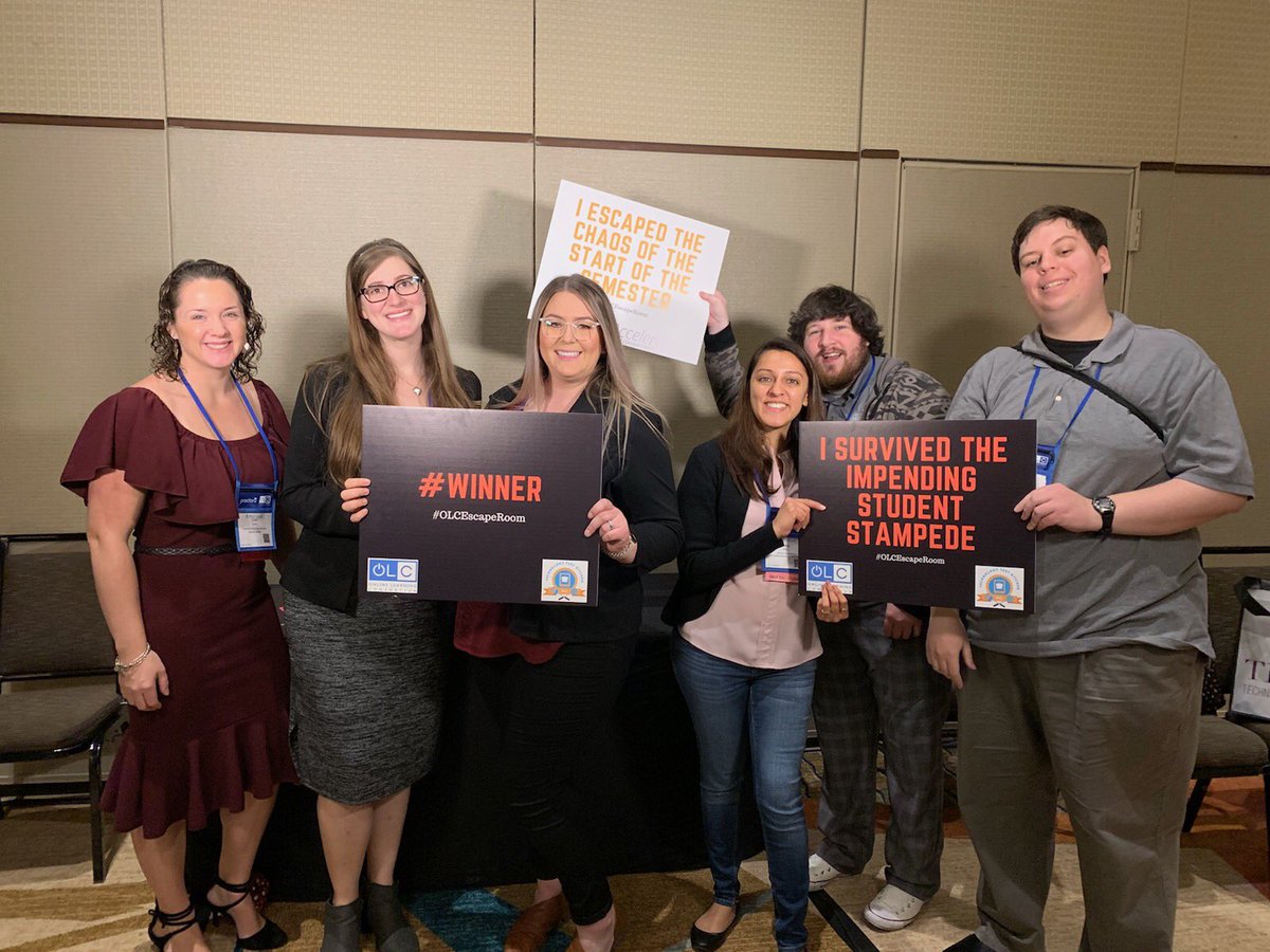 MaddieShellgren's tweet photo. Participants who escaped the chaos of the start of the semester at the 2018 #OLCAccelerate #TechnologyTestKitchen Escape Room https://t.co/CyuaWRTSLE