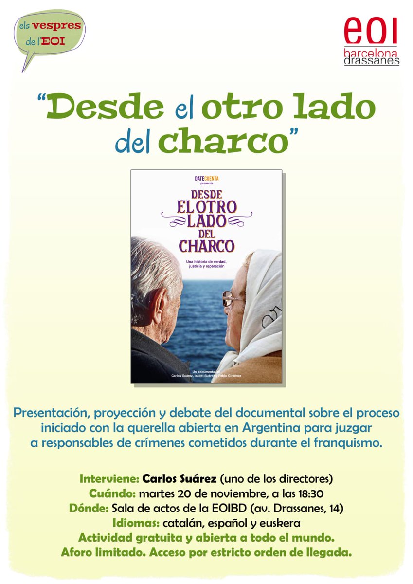 Este #20N se cumple 1 año del estreno de nuestra película y lo celebramos con un pase libre y gratuito en la EOI de Drassanes en #Barcelona Os esperamos!