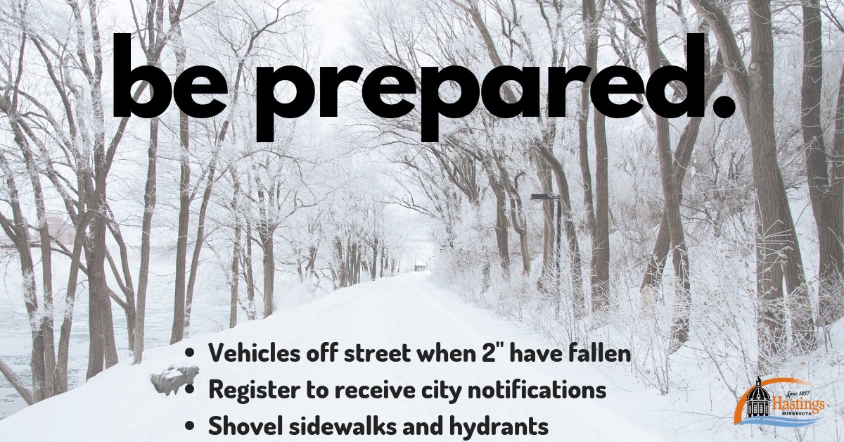 CityHastingsMN's tweet photo. A Snow Emergency AUTOMATICALLY goes into effect when 2" accumulate. Sign up for notifications via text, email or phone, review a map of 24-hour lots, check out our Snowmobile routes, and more at: https://t.co/w7FeK0cSXn #HastingsMN #winteriscoming #SnowEmergencies https://t.co/zuFgwklPWf