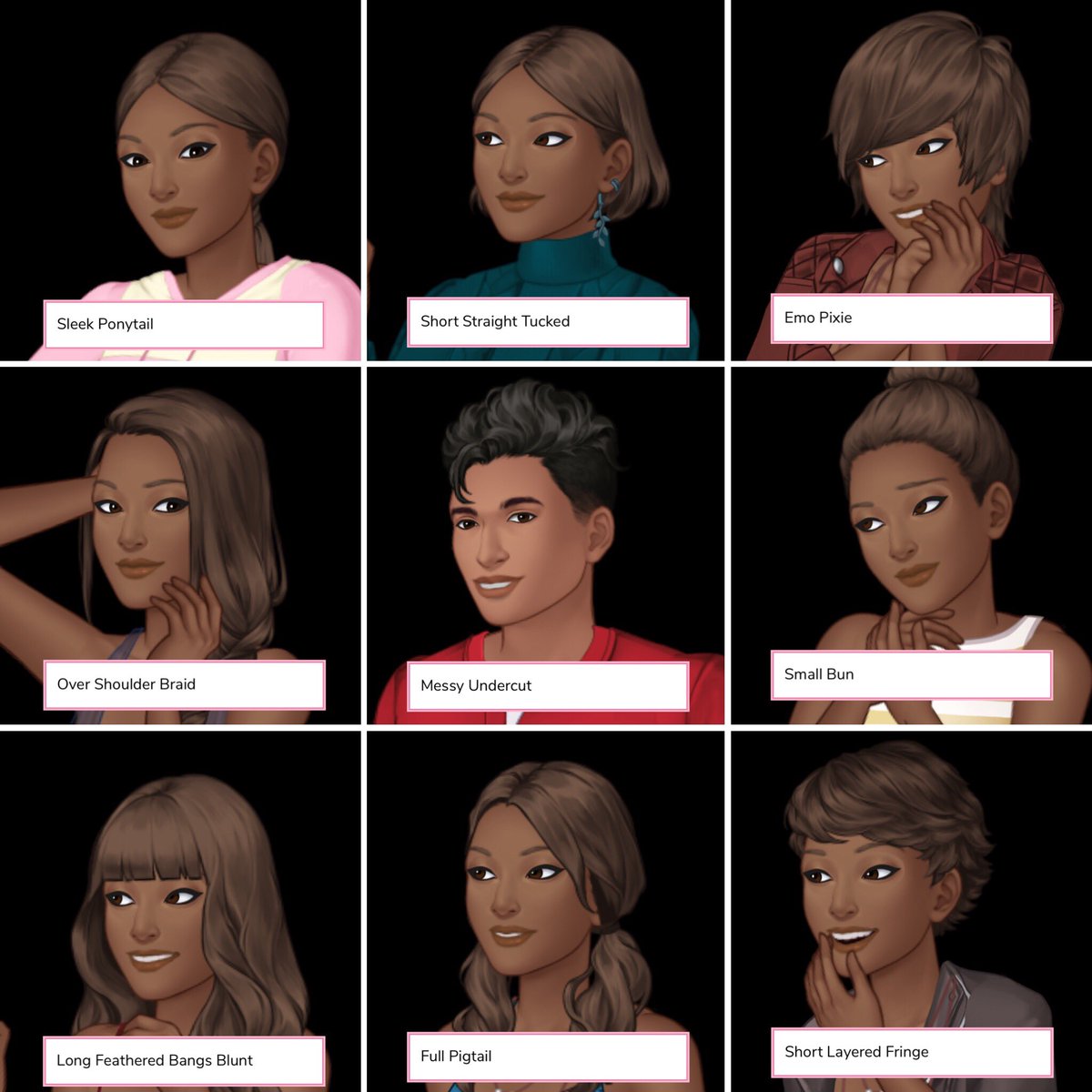 Horizen861's tweet photo. New hairstyles on “College Days: The Bucket List”. What’s your favourite? #episodeinteractive https://t.co/Fk5SYLoYEq