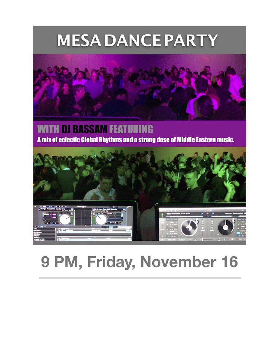 jadaliyya's tweet photo. Don't forget to come out to the #MESA18 dance party tonight at 9pm! You can't miss this mix of eclectic global rhythms and Middle East music. DJ'd by @4Bassam. https://t.co/Owpw4rzynn
