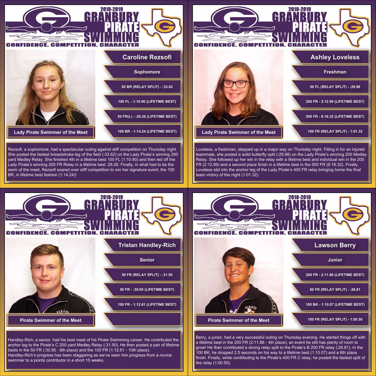 PirateSwimTeam's tweet photo. Led by the expert lineup of @coach_dcarter , the Granbury Pirates and Lady Pirates recorded another win on Thursday night against District 7-5A rivals Burleson and Cleburne High Schools. #WEW1LL #PirateSwimming #FailForward #EmbraceTheProcess #LegsFeedTheWolf #JoyInWork https://t.co/cRzfoYxd6W