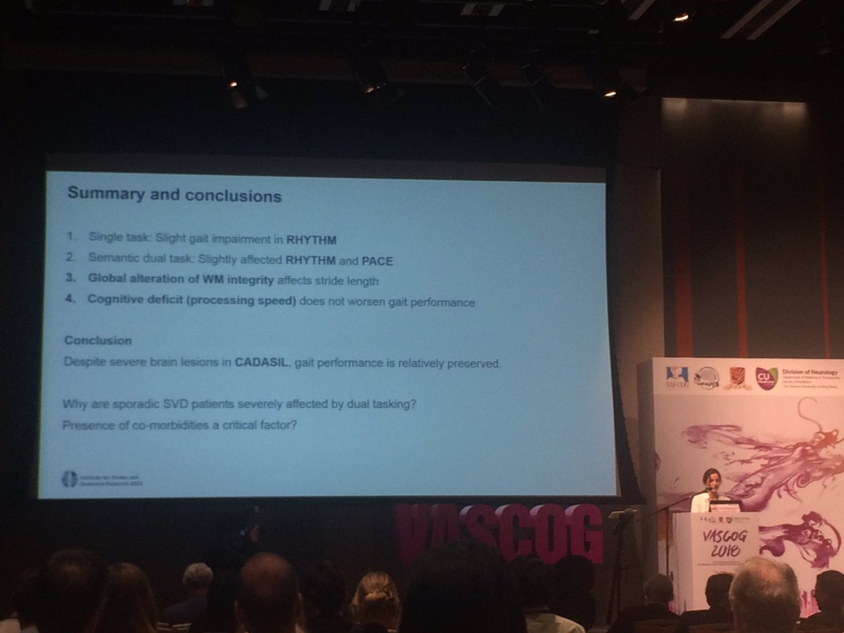 ValerieLohner's tweet photo. Sofia Finsterwalder: in CADASIL patients, gait performance is relatively preserved suggesting that pathologies other than SVD may be involved. #VASCOG2018 @ISDneuroimaging https://t.co/3bx0cJCPFY
