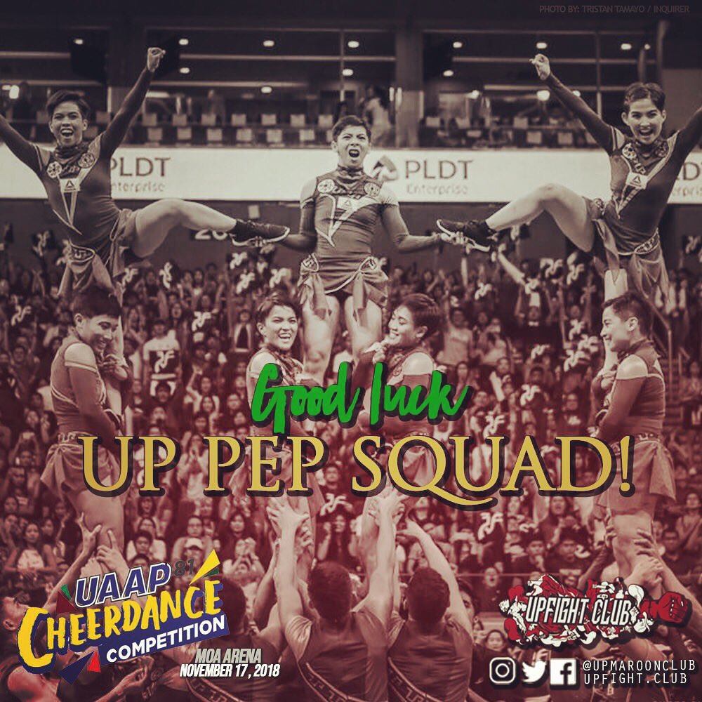 upmaroonclub's tweet photo. Good luck, UP Pep Squad! ❤️💚
Let’s support them TODAY at the MoA Arena! See you there!!!
#UPFight #UAAPcdc2018 #uaapcheerdancecompetition 

#IskulayngSablay
#kulaydISKO

#upfightingmaroons https://t.co/sqwxUgeES3