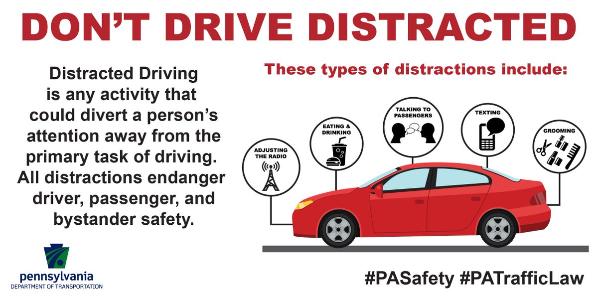 PennDOTNews's tweet photo. Anything that causes you to either take your attention away from driving, take your eyes off of the road, or take your hands off of the wheel is a distraction. Don’t drive distracted. View our PennDOT Way Blog for more info. → https://t.co/BAIBGo3RtM
#DistractedDriving https://t.co/G4AliYCvRK