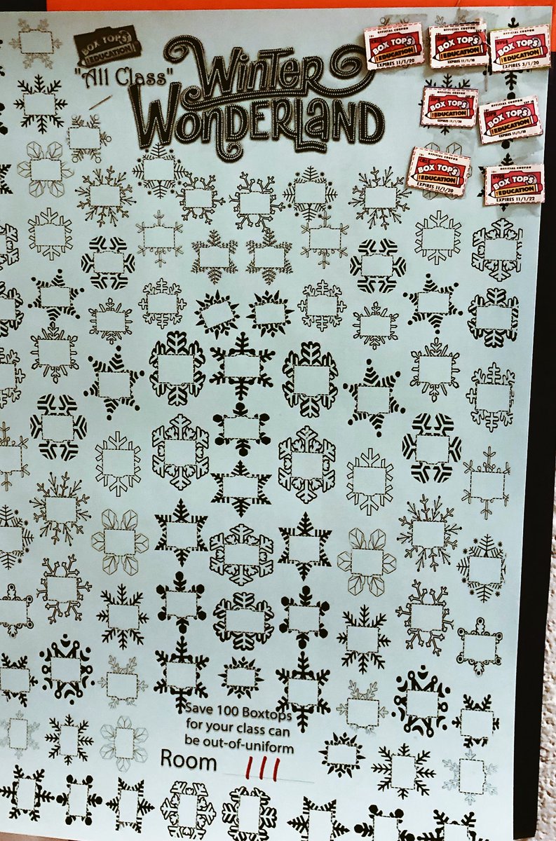 CariCB79's tweet photo. Room 111 Great Job on your Box Tops!!🎉 @harryefryschool save up your Box Tops for the “All Class” Winter Wonderland❄️. If you want your class to be out-of-uniform, bring a Box Tops & or Bonus Box Tops to your class by December 19th. #keepsaving #BoxTopsGoal #FryPossibilities https://t.co/7neYx5RYLN