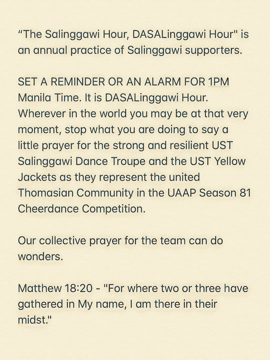 Tigers, it’s Cheerdance day! Kindly CLICK the attached photo and take time to read.

Just to reiterate, please set an alarm or a reminder for 1PM on your phone. Let’s do this together. Please share, share, share! 💛

#DASALinggawiHour #DivaSantoTomas #UAAPCDC2018