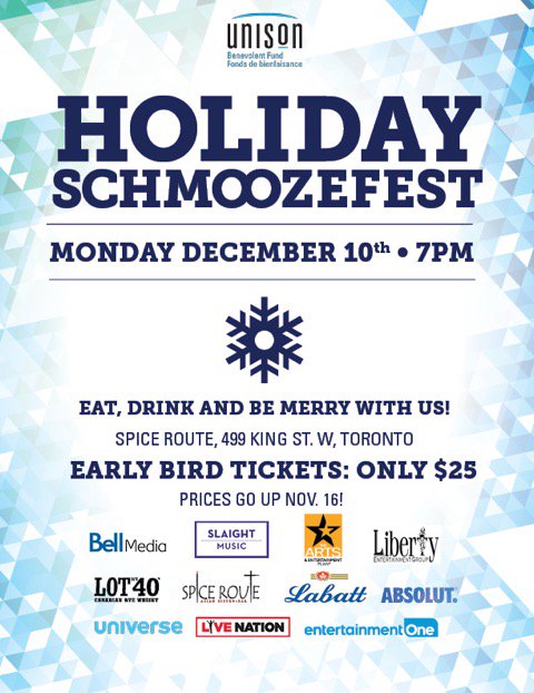 We’re already dreaming of the holidays as <a href="/UnisonFund/">The Unison Fund</a> #Schmoozefest approaches Dec. 10. Don’t miss out on the Toronto music industry’s seasonal schmooze. Get your $25 early bird tix now before prices go up Nov. 16! Tix at: bit.ly/Schmoozefest18