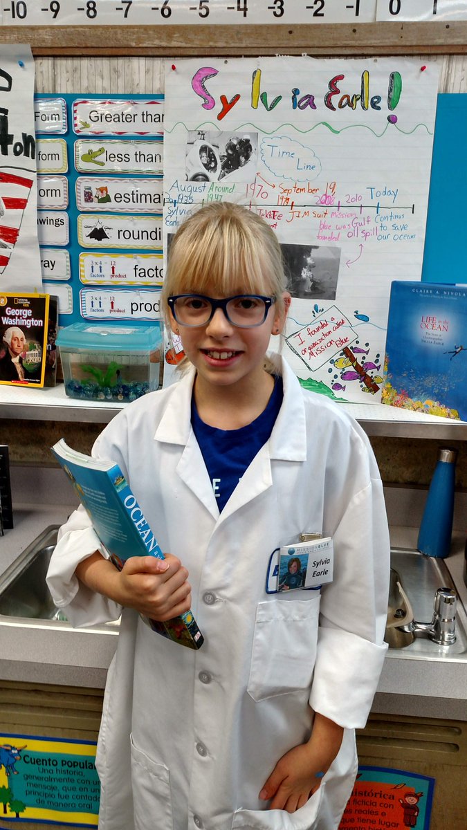 ericnott17's tweet photo. @SylviaEarle My daughter decided to be you at her classroom's 'wax museum' of important world figures.  She is 10 years old and a lover of the ocean, including forgoing birthday presents for donations to @MissionBlue! https://t.co/SzSf96o8aF