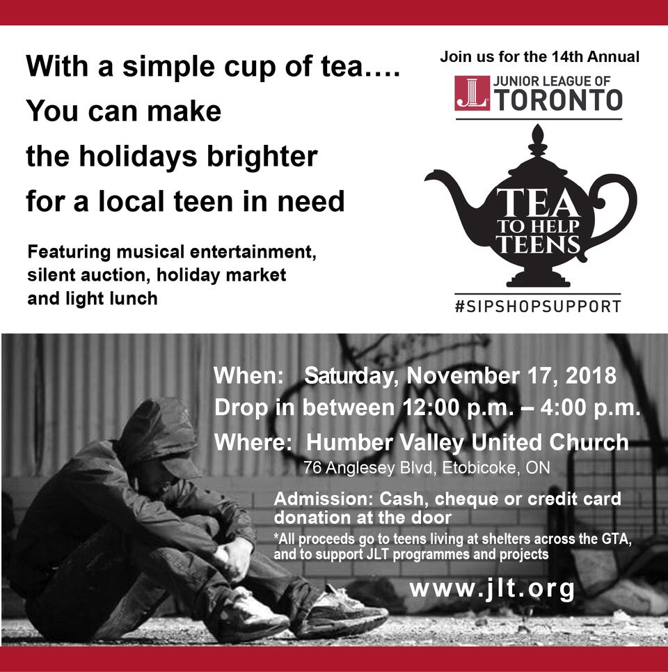 jrleaguetoronto's tweet photo. One more sleep until our 14th annual Tea To Help Teens. We hope you will join us to help make the holidays brighter for a local teen in need.
#jlt #juniorleagueoftoronto #toronto #etobicoke #torontoevent #toevent #jltteatohelpteens #sipshopsupport https://t.co/u8I83bAWKt