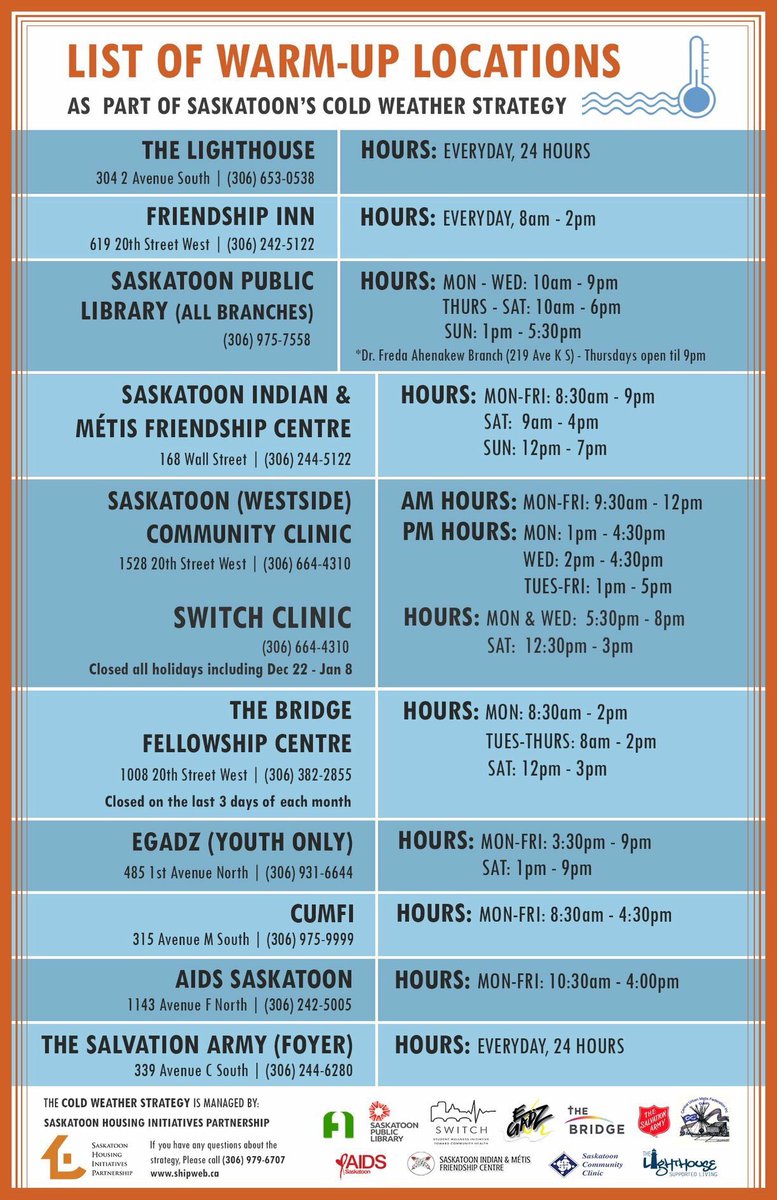 It’s getting colder out there, Saskatoon! If you’re looking for a safe place to warm-up, check out the locations below that have been made available by community partners from around the city: