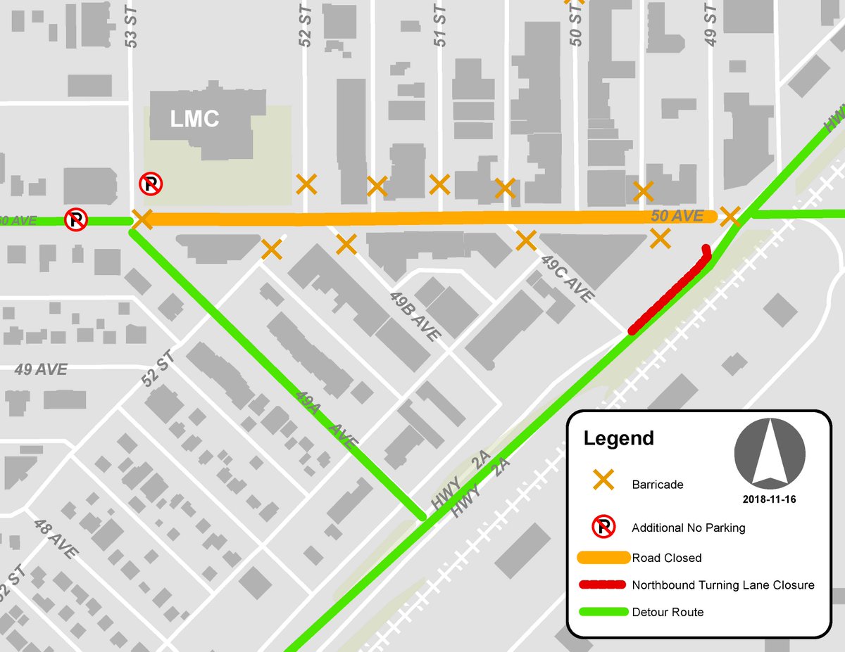 PUBLIC NOTICE | The #ceg3 2018 Santa Claus Parade is on Nov 29. Main Street, from 53 Street to Highway 2A, and 50 Street, from 50 Avenue to 51 Avenue, will be closed at 4:30 p.m. for the duration of the parade. Please see detour maps below for affected areas. #LightUpLacombe