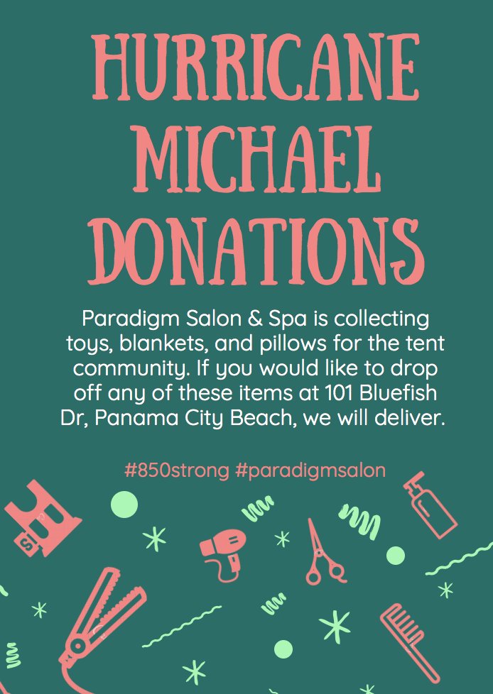 Paradigm_Hair's tweet photo. We are collecting toys, blankets, and pillows for the tent community effected by Hurricane Michael. If you have any of these items to donate, please drop off at Paradigm Salon &amp; Spa at 101 Bluefish Dr., Panama City Beach and we will deliver them to those in need. Thank you! https://t.co/smmuNeuk2m