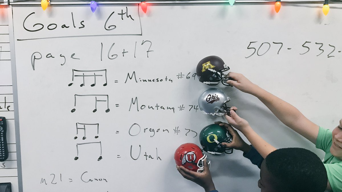 MoorheadOrch's tweet image. We use names of states to help us with new rhythms.  🎵 And it gives us an excuse to have a collection of college football 🏈 helmets!   #stringchat