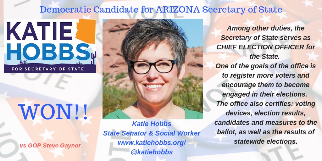 postcards4USA's tweet photo. @DHStokyo WOOHOO!
Congratulations to @KatieHobbs for being elected Arizona's Secretary of State!
She supports automatic registration & expanded early voting
(While her GOP opponent opposed Spanish-language ballots & wanted to overturn National Voter Registration Act.)
#WaveCastAZ https://t.co/p9FVThisor