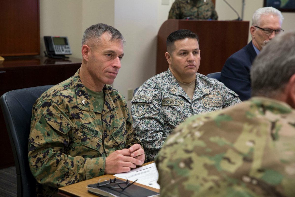 MARFORSOUTH's tweet image. Col Michael Oppenheim and @ArmadaColombia LtCol Erick Del Rio, SPMAGTF-SC’s commander and deputy commander, give LtGen Michael Plehn, the @southcomwatch military deputy commander, the task force’s final brief for the 2018 hurricane season. 

#MaritimeTaskForce #RegionalPartners