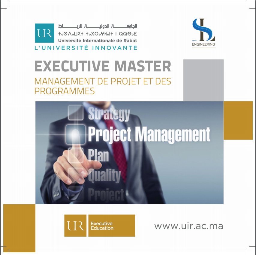 engineering_sl's tweet image. Université internationale de Rabat en partenariat avec le Groupe SL ENGINERERING TANGIER organise deux Exécutives Masters: Management de projet et des programmes, Pratique de la finance participative. A partir du 21 décembre 2018 à Tanger. Inscrivez vous uir.ac.ma