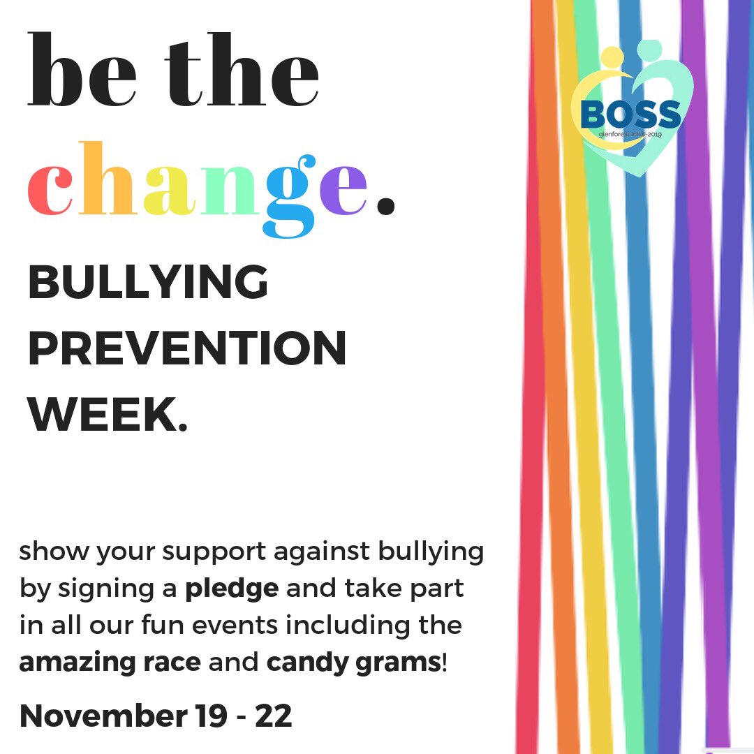 BOSSGlenforest's tweet photo. GET EXCITED GRYPHONS!!!! BOSS is ecstatic to announce it’s annual BULLYING PREVENTION WEEK!! The week will consist of an awesome pledge signing on Monday, a spectacular AMAZING race on Tuesday, and finally, candy grams on Wednesday and Thursday to end off!!! https://t.co/AcdasLH0qo