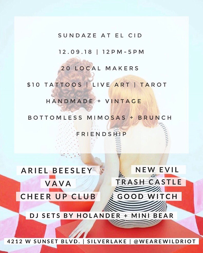 Excited to announce a stripped down solo set as part of another sick lineup <a href="/wearewildriot/">W I L D R I O T</a> has put together for Sundaze <a href="/elcidsunset/">El Cid</a>▪️We’re talking bands, vendors, $10 Tattoos, tarot readings, bottomless mimosas, and of course brunch! Don’t miss #GoodWitch this December!💋