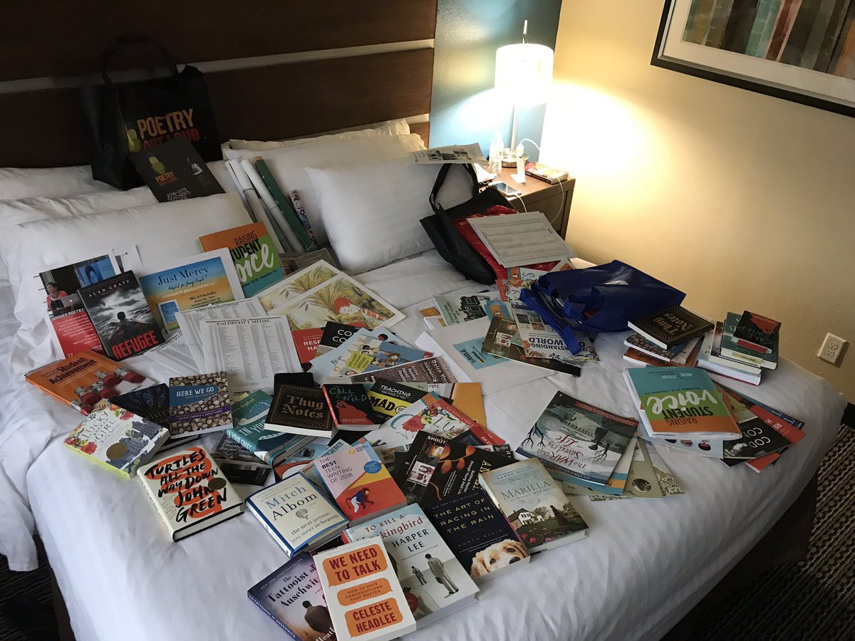 beth_wi11iams's tweet photo. You know you’re a teacher when you leave a Reading convention with 6 bags of books, posters, teaching materials, and so much more! It’s only the first full day!! @missmanning14 #SMMHSsoars #NCTE18 #totesfave https://t.co/Ercz6CA6CQ