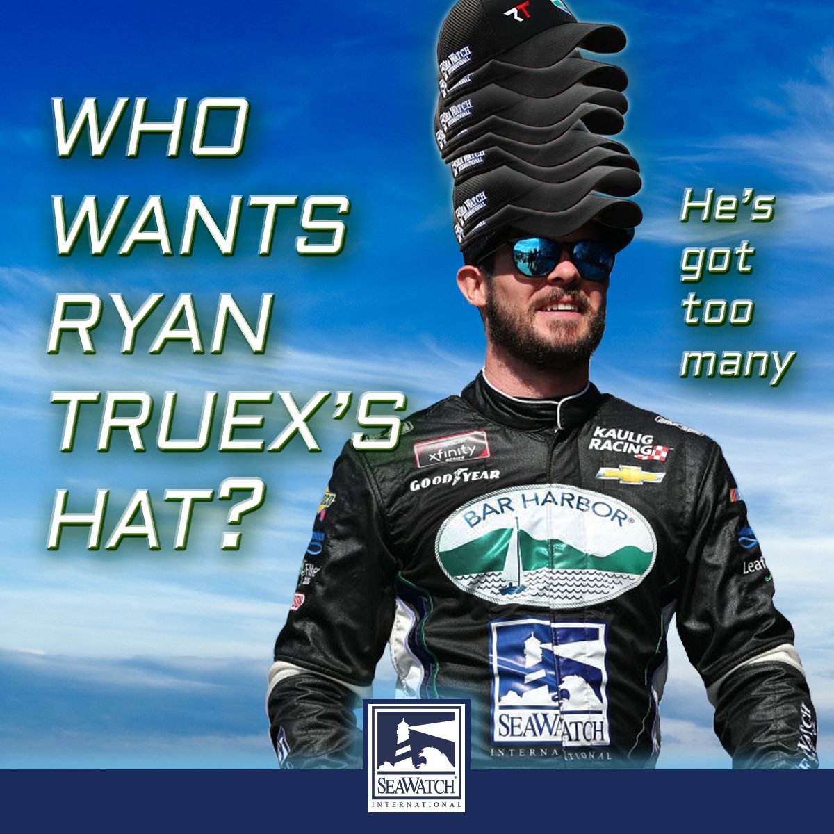 SeaWatchSeafood's tweet photo. RT and Follow us to enter to win an Official @Ryan_Truex @KauligRacing Race Team Baseball Hat - 10 Winners will be chosen at random. Contest Ends 11/30/18 #GoRyan #Nascar #FollowToWin #EnterToWin #ContestAlert #RTtoWin #XFINITY #NascarNation https://t.co/AFNDOd9xEj