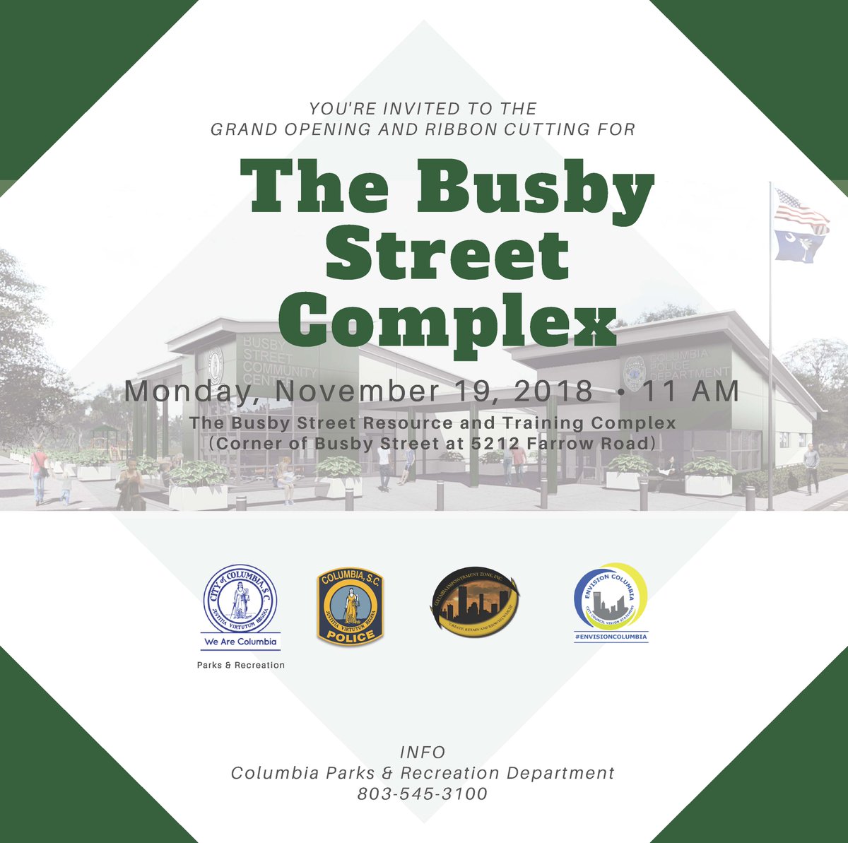 ColaSCParksRec's tweet image. Join us on Monday, November 19 at 11 am for the grand opening and ribbon cutting ceremony for The Busby Street Complex! bit.ly/colaparksnews @ColumbiaPDSC @CityofColumbia @TheCaptain_03