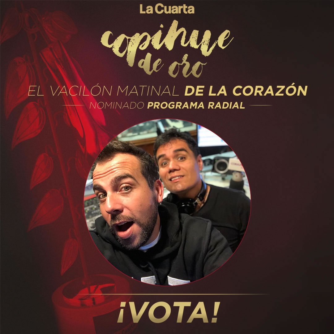 RadioCorazonFM's tweet photo. Hasta MAÑANA sábado 16 de noviembre pueden votar por "El Vacilón Matinal De La Corazón" cabros ¡Vamos que seguimos liderando la categoría! #MejorProgramaRadial #CopihueDeOro2018 https://t.co/LnMUUJUme5 https://t.co/nNOZws2kU4