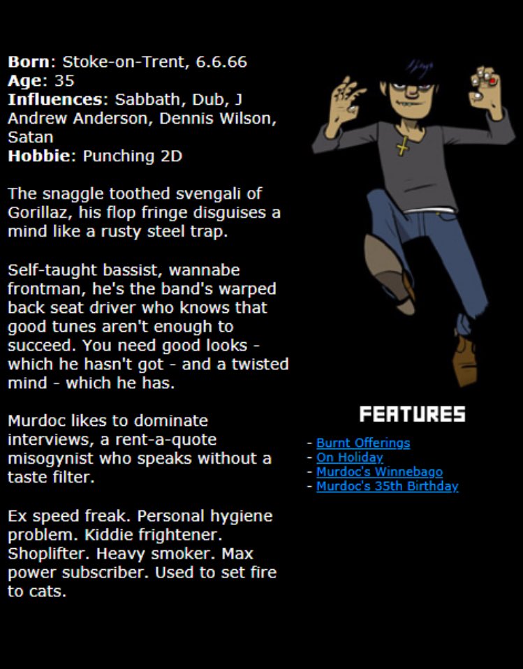 MurdocFACTS's tweet photo. Phase 1 Murdoc biography https://t.co/E7YX7YVkcN