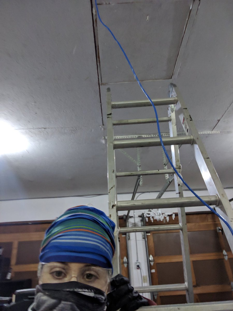 cryptominermama's tweet photo. Spent much of the day in the ceiling. Complete cat6 network coverage is withing reach. All 5 acres will have WiFi and each building will have hardwired connections. #wifi #LikeABoss #husbandisproud #bluejobs #CableGirls https://t.co/hTFi2y1FAO