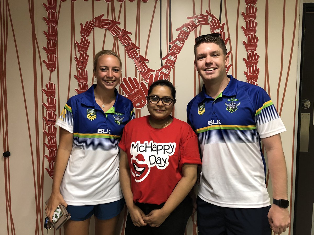 TouchACT's tweet image. Elise and Mitch at McDonalds Braddon for #McHappyDay2018. 
Get down to your local McDonalds and purchase a Helping Hand ($2 or $5), McHappy socks or a Big Mac to support @rmhc