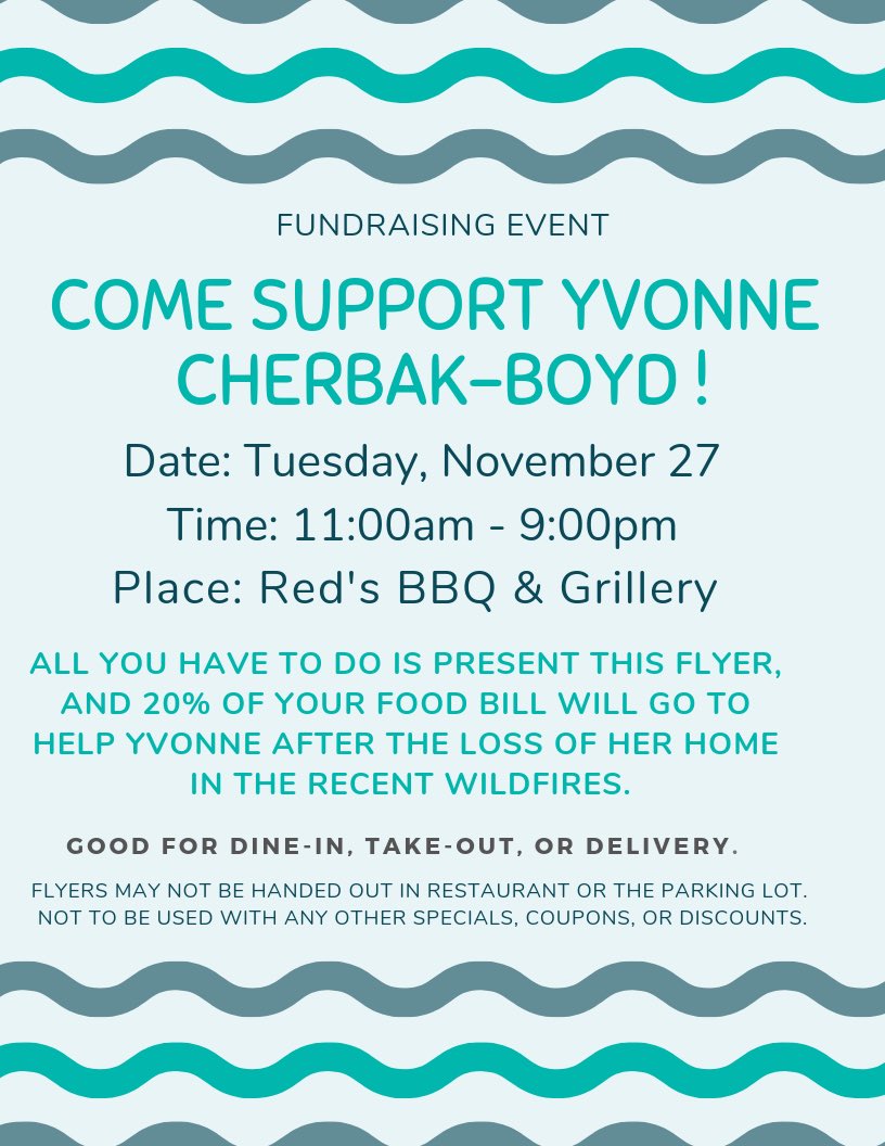 JerryLBlock's tweet image. Please join me in supporting retired @santasuhigh teacher, Yvonne Cherbak-Boyd, who lost her home in the recent fires. Print this flyer and enjoy some delicious @RedsBBQSimi food!