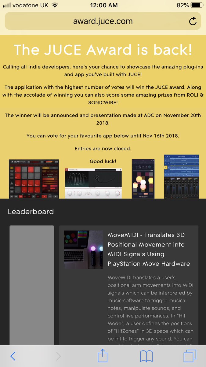 JUCElibrary's tweet photo. Congratulations to @MoveMidi for winning the 2018 JUCE Award! https://t.co/1L9IcdrdXM