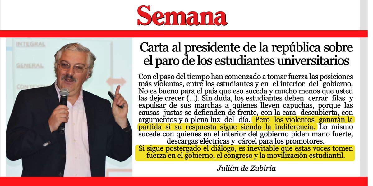 juliandezubiria's tweet photo. Carta al Presidente @IvanDuque: Tiene ud la oportunidad de transformar al país, al cambiar la política educativa que debilitó la U pública. Si no actúa rápido en la Mesa, sectores más radicales entre los estudiantes y el gobierno, se tomarán el movimiento. https://t.co/K6Vdz9ilkC https://t.co/nI9areuwsp