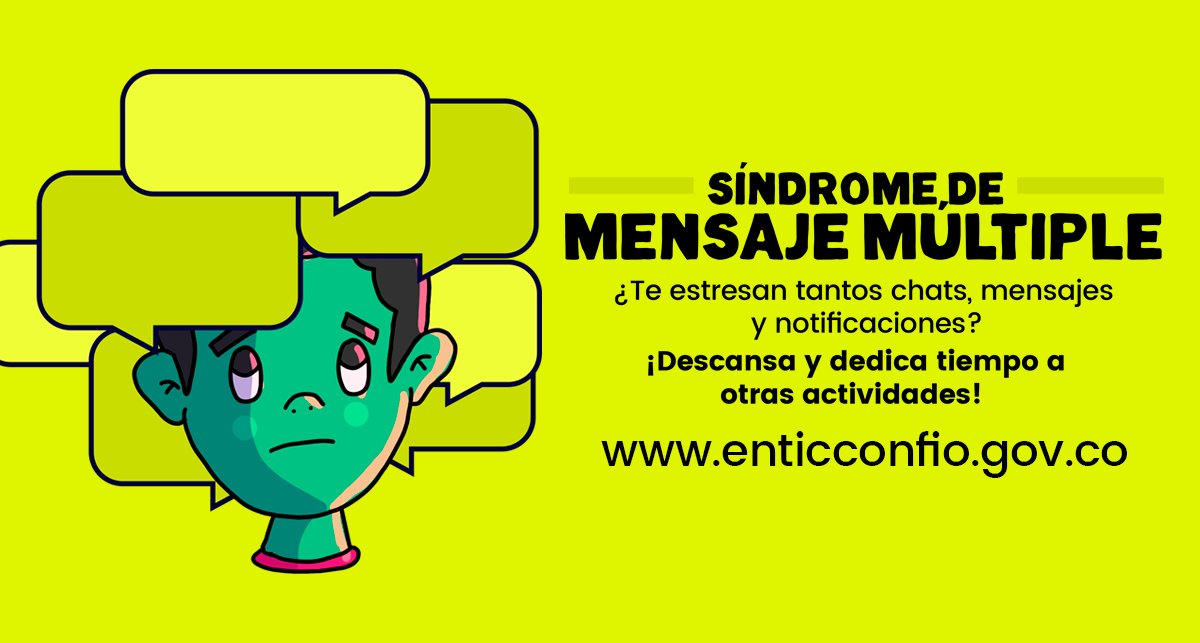 IndustriaDigCol's tweet photo. ¿Sientes la necesidad imperiosa de manejar múltiples chats, ventanas, varias redes sociales o correos electrónicos? ¡Cuidado!, puedes estar cayendo en el síndrome de mensaje múltiple. Desactiva las notificaciones cuando termines tus labores y descansa #ApropiaciónTIC https://t.co/U24MG67gAh
