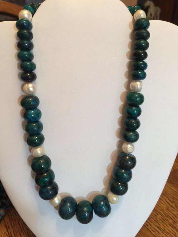Semi Precious Chrysocolla and Pearls Necklace Graded 18' Long. @chimaira #Etsy buff.ly/2xacHQf