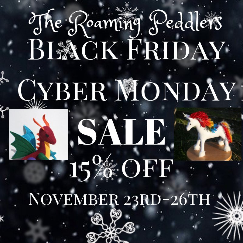 RoamingPeddlers's tweet photo. The Roaming Peddlers #BlackFriday #CyberMonday #Sale! Get 15% off of everything in our Etsy store for 4 days only! #Handmade #DragonPlush #UnicornPlush #OwlPlush https://t.co/WrSPLkb1el https://t.co/AFXmQzrnai