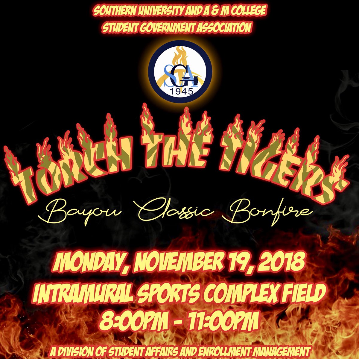 _AKenney's tweet photo. The Biggest Game of the Year is finally here, BAYOU CLASSIC! We want to FIRE UP and kick off Bayou Classic Week with a BONFIRE as we TORCH THE TIGERSπ
π₯! This Monday November 19, 2018 from 8pm-11pm on the Intramural Field! #BayouClassicWeek #TorchTheTigers #GSWHO @subr_sga https://t.co/BsvPMgSHTi