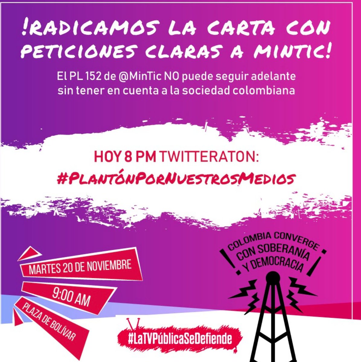 KinokiPopular's tweet photo. La industria audiovisual y cinematográfica de Colombia, hace un llamado a @IvanDuque preocupa el proyecto #No152 que afecta la #TVPública y la autonomía de los medios 
#PlantónPorNuestrosMedios el próximo martes 20 Nov. En la Plaza de Bolívar. 
RT y difundir https://t.co/rz0crLTbBO