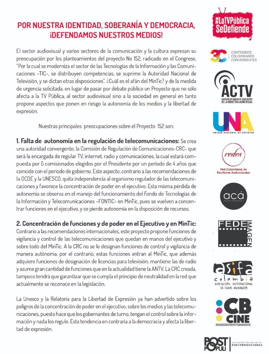 KinokiPopular's tweet photo. La industria audiovisual y cinematográfica de Colombia, hace un llamado a @IvanDuque preocupa el proyecto #No152 que afecta la #TVPública y la autonomía de los medios 
#PlantónPorNuestrosMedios el próximo martes 20 Nov. En la Plaza de Bolívar. 
RT y difundir https://t.co/rz0crLTbBO