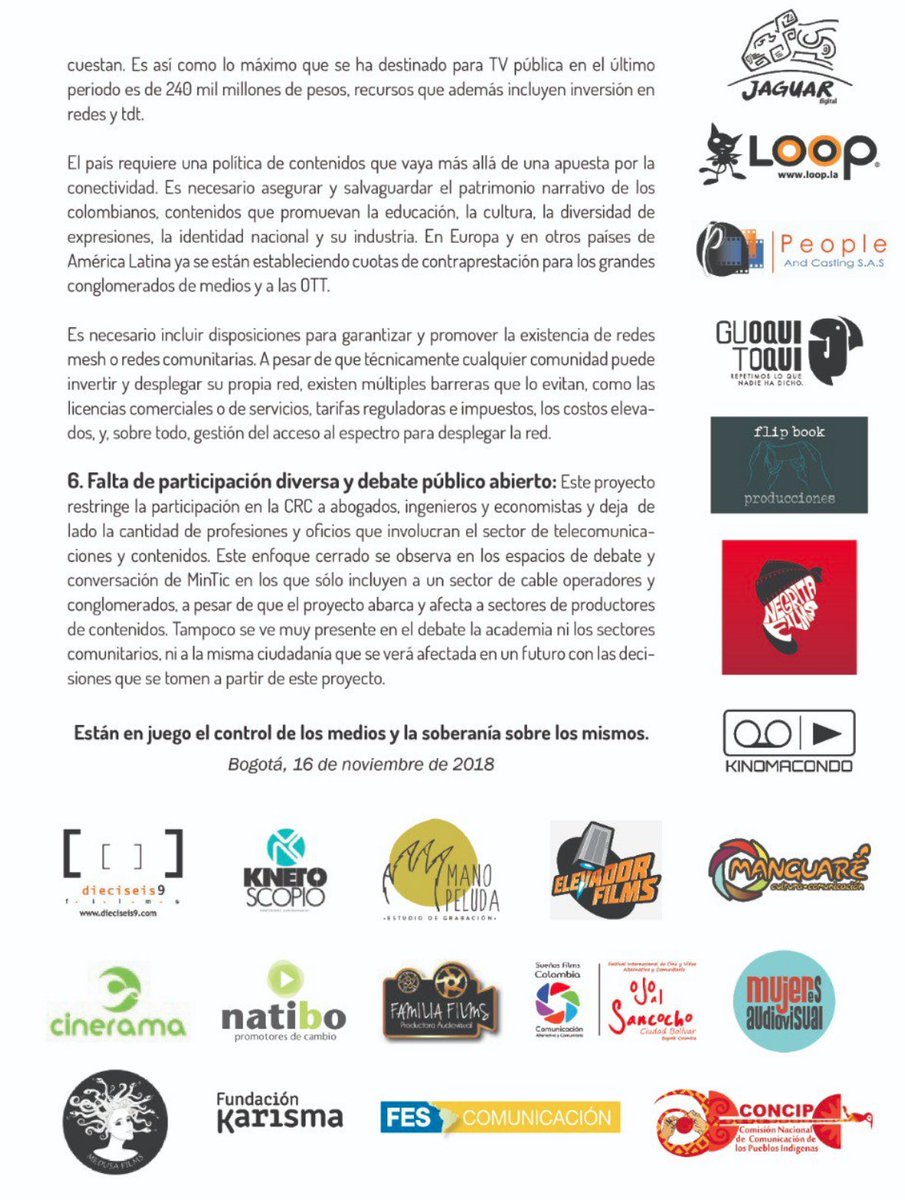 KinokiPopular's tweet photo. La industria audiovisual y cinematográfica de Colombia, hace un llamado a @IvanDuque preocupa el proyecto #No152 que afecta la #TVPública y la autonomía de los medios 
#PlantónPorNuestrosMedios el próximo martes 20 Nov. En la Plaza de Bolívar. 
RT y difundir https://t.co/rz0crLTbBO