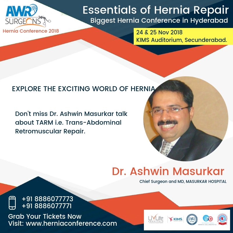 herniaconfernce's tweet photo. Don't miss Dr. Ashwin Masurkar talk about TARM i.e., Trans Abdominal Retromuscular Repair
Visit: https://t.co/QzteI0IqjN
#HerniaConference #HerniaSurgery #HerniaSpeakers #Medical #CME #SaturdayMotivation https://t.co/VvDKI5U52X