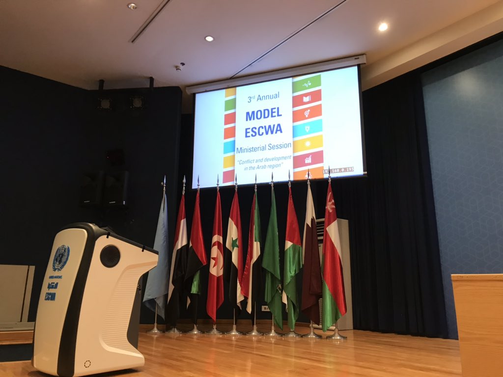 UNESCWA's tweet photo. Student delegates from @AUB_Lebanon &amp; @USJLiban have arrived for #ModelESCWA! They’re representing the Commission’s 18 member States, @UN agencies and NGOs. The topic is conflict &amp; development with a focus on youth, gender, reconstruction &amp; resilience. Stay tuned for highlights! https://t.co/lQEX5xVD5q