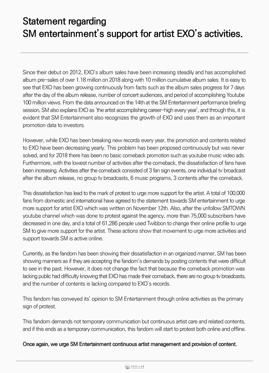 exo_lab's tweet photo. Statement urging more support for SM artist EXO's activity https://t.co/wmzTle9hgj