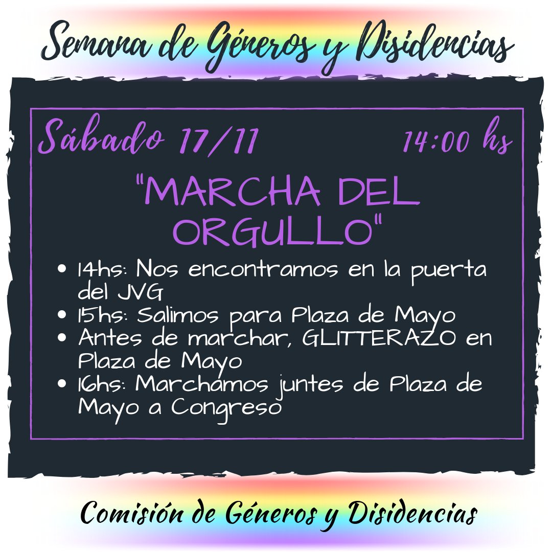 generojvg's tweet photo. 💜AGENDA: SÁBADO 17/11❤🧡💛💚💙💜
✨ 14:00 hs.: Nos encontramos en la puerta del JVG
✨ 15:00 hs.: Salimos para Plaza de Mayo
✨ Antes de marchar, GLITTERAZO en Plaza de Mayo
✨ 16:00 hs.: Marchamos juntes de Plaza de Mayo a Congreso

#marchadelorgullo #orgulloba #orgullo #pride https://t.co/kVVKXA1Fmw