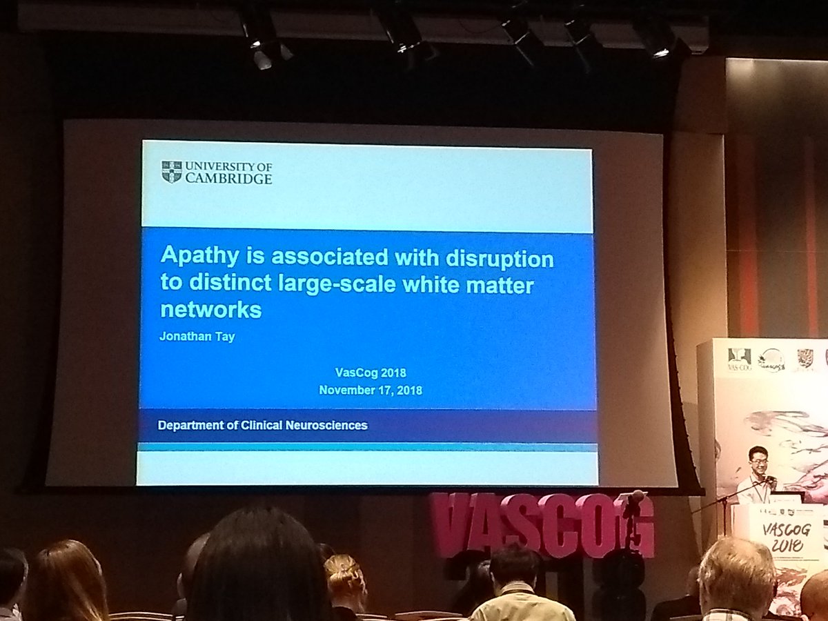 Jonathan Tay: apathy may be driven by damage to white matter networks underlying action initiation and effort-based decision making. Results from RUN DMC study. #VASCOG2018 <a href="/CamStroke/">Cambridge Stroke</a> <a href="/StrokeNijmegen/">NijmegenStroke</a>