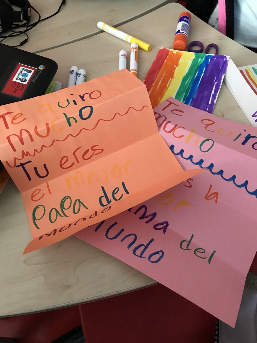 CSpiresMcDonald's tweet photo. This is why we let children create freely in respectful spaces. These scholars crafted thoughtful cards in Spanish then taught their classmates how to read them in Spanish and translate them to English. #WhyITeach #bilingualismmatters https://t.co/YQqB5iNxX6