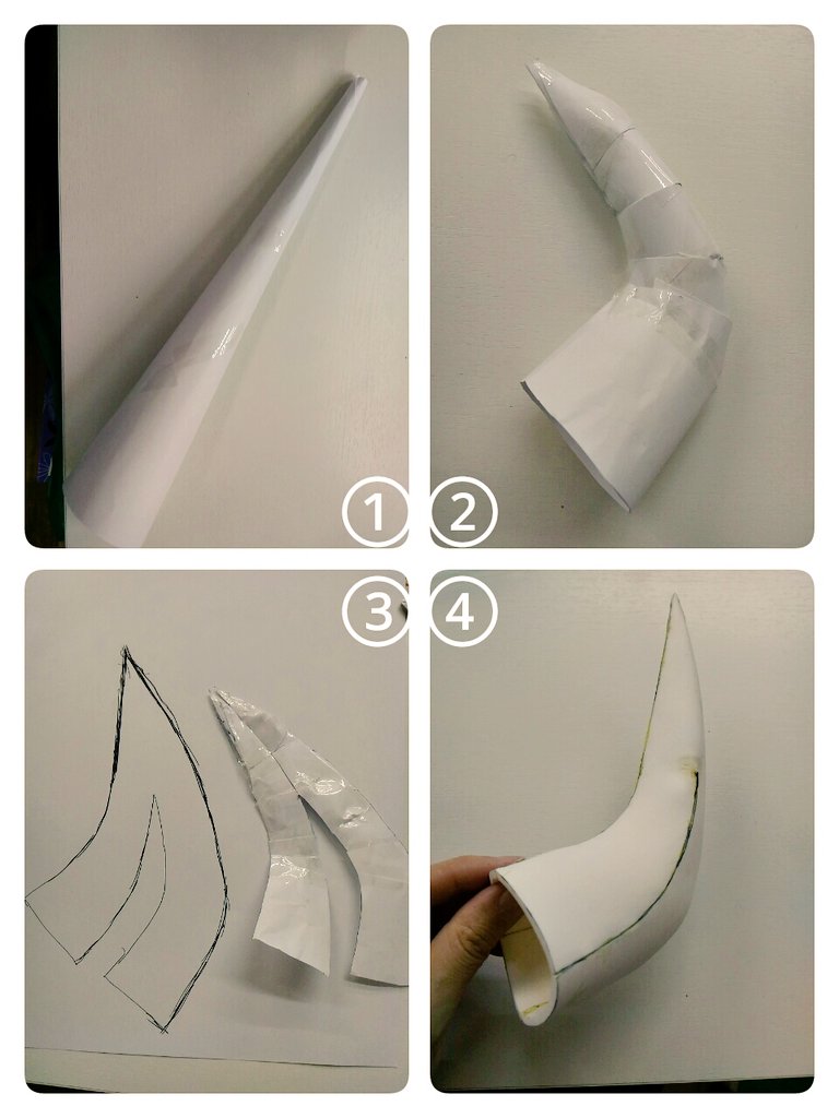こすとっぷ京都店 営業中 曲がった角の作り方 ざっくりと説明 紙を丸めます 切り込みをいれて好きな角度に曲げます テープをいっぱい貼ってとにかく形を整える エビっぽい を平たくなるまで切り開いて型紙を清書します Cos