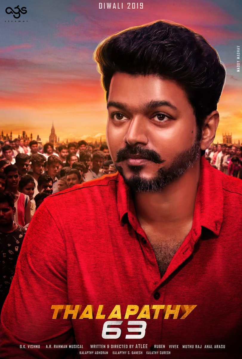 VijayismX's tweet photo. Get Ready Folks ! 🔥

Director : @Atlee_dir 

Music : @arrahman 

DOP : @dop_gkvishnu 

Production : @archanakalpathi @agscinemas

Heroin @NayantharaU 

Comedian : @Actor_Vivek 

Lyrics : @Lyricist_Vivek 

Stunts : #AnalArasu

#HappyDiwali2019 🔥
#Thalapathy63 😎 https://t.co/gMi89Reuho